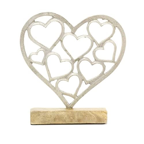 Image of Carousel Home Elegant Silver Metal Love Heart Ornament | Silver Hearts On Wooden Base Sculpture | Anniversary Wedding Gifts