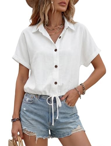 Image of Enmain Ladies Linen Blouses Short Sleeve Cotton Linen Shirts for Women Casual Summer V Neck with Adjustable Drawstring Hem Regular Fit Work Office Beach Blouse Shirts Tops White L