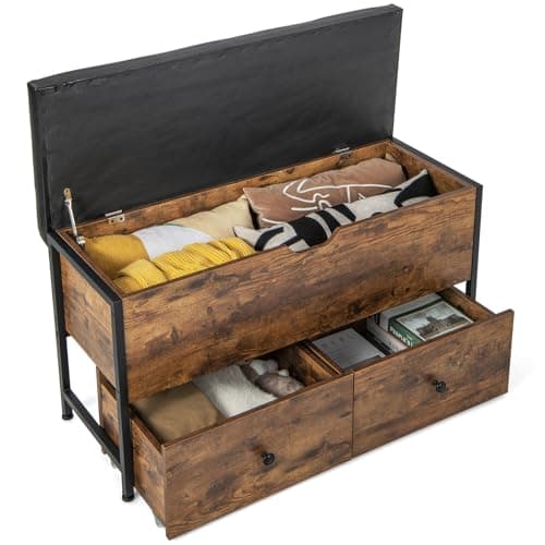 Image of Multigot Storage Ottoman Bench, Faux Leather Padded Footstool Storage Chest with Flip Top, Seat Cushion, 2 Drawers and 8 Wheels, Wooden Bed End Stool Shoe Bench for Living Room Bedroom Hallway