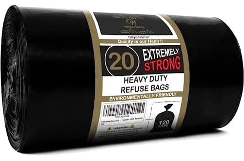 Image of Haya Home 60 μm 120L 20 Extremely Strong Heavy Duty Black Bin Bags Bin Liners Refuse Sacks Waste Dustbin Bags Rubble Sack Industrial Commercial Builders Kitchen Home Office DIY Garden 100% Recycled