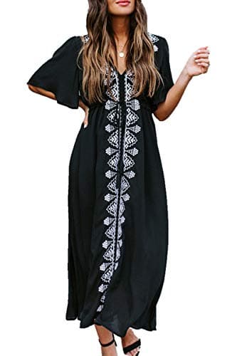 Image of YouKD Summer Cotton Embroidered Floral Long Kaftan Bohemian Beach Swimsuit Cover Up Maxi Dress for Women Black