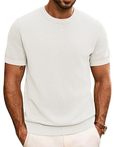 Image of PJ PAUL JONES Mens T Shirt UK Crew Neck Knitted Tee Shirt, Classic Tshirt Short Sleeve Ivory XL