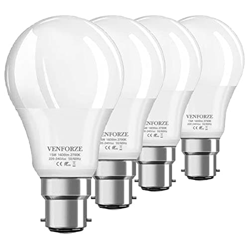 Image of Venforze Bayonet Light Bulbs 150w Equivalent, 15W A60 B22 LED Bulbs, Super Bright 1600LM, Warm White 2700K, BC Energy Saving Led Bulbs, Non-dimmable, 4-Pack