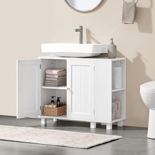 Image of Yaheetech Under Sink Bathroom Cabinet, Bathroom Storage Cupboard Furniture with 2 Doors, Adjustable Shelves and Open Side Storage Unit White