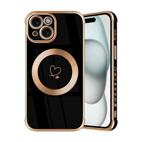 Image of JRIANY Magnetic for iPhone 15 Case, Protective Flexible Silicone Case Compatible with MagSafe Design Love Heart Pattern Shockproof Bumper Cover Compatible with Apple iPhone 15 - Black