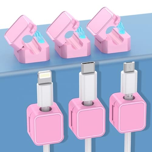 Image of 6 Pack Cable Tidy Clips Cord Organiser Holder Magnetic Cable Management Self Adhesive Wire Holder Organiser for Desk,Nightstand,Charging Cables,Kitchen Appliances,Office Supplies (Pink, with 2 Base)