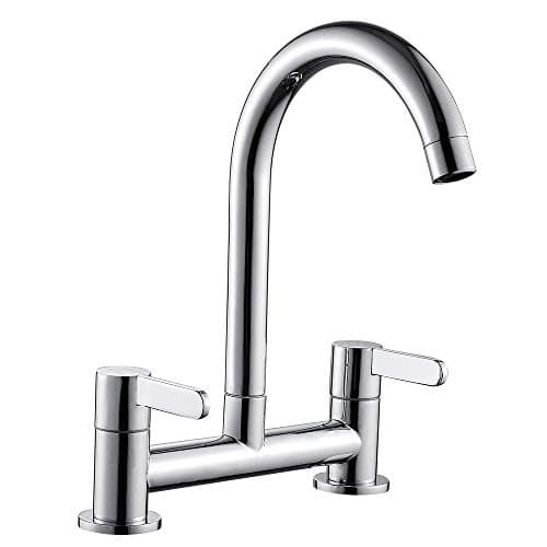 Image of Kitchen Sink Mixer Taps Hot Cold Dual Lever Monobloc Chrome Swivel Spout 1/4 Turn Deck Mounted Kitchen Taps with UK Standard Fittings (Silver)