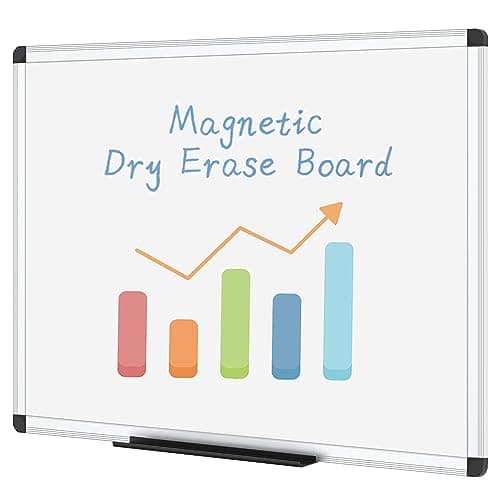 Image of VIZ-PRO Magnetic Whiteboard 110 x 75 cm, Dry Erase White Board with Pen Tray, Silver Aluminium Frame, Dry Wipe Writing Board for Office, Home & School
