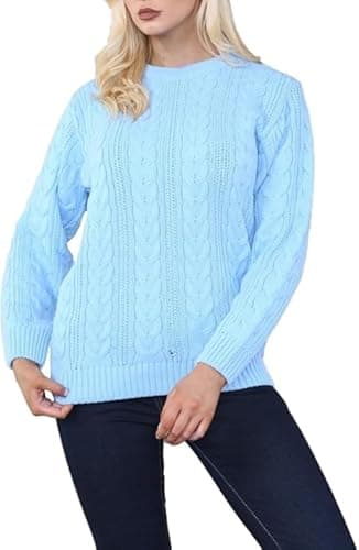 Image of Womens Chain Link Pattern Knitted Jumper, Ladies Casual Winter Long Sleeve Crew Neck Diamond Thick Chunky Cable Thick Knit Sweater Pullover Jumper Tops Sweatshirt, UK Plus Size 8-22, Sky Blue-12-14