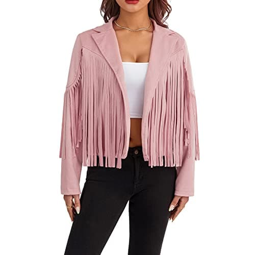 Image of Felcia Women's Tassel Jacket Vintage Long Sleeve Fringe Jackets Faux Suede Motor Biker Cropped Jacket Cardigan 70s Hippie Costume (A-Pink, M)