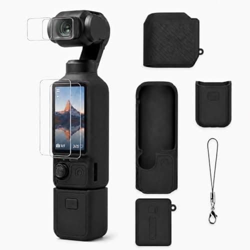 Image of Seltureone Silicone Protective Case for DJI Osmo Pocket 4 with 2 Pack Screen & Lens Protector, Soft Silicone Case Cover, Shockproof Anti-Slip Scratch-Resistant, Full Protection Kit for Travel – Black