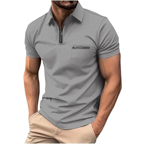 Image of Mens Polos Shirts Short Sleeve UK, Quarter Zip Golf Polos Shirts Slim Fit Solid Color Tennis T-Shirt Breathable Summer Casual Waffle Tee Tops Turn-Down Collar Pullover with Zipper Pocket Gray
