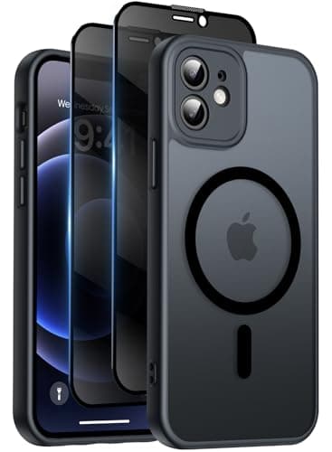 Image of Qasyfanc for iPhone 12 Case with MagSafe, Privacy Screen Protectors X2, [Camera Protection] [15FT Military Drop Protection] Magnetic Translucent Matte Back Shockproof Phone Cover, 6.1", Black