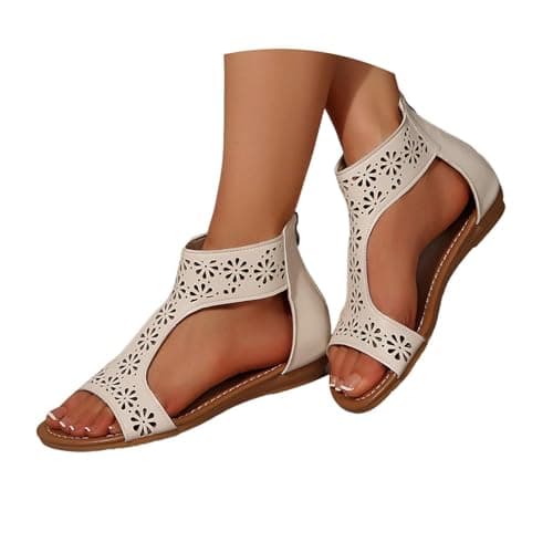 Image of Clearance Flat Gladiator Sandals for Women Size 4 Open Toe T-Bar Faux Leather Roman Tan Flat Sandals with Zip Back White Footwears