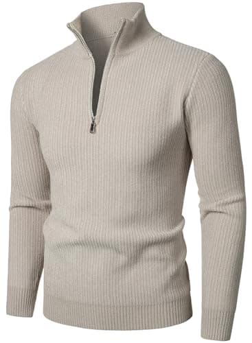 Image of HOOD CREW Men’s 1/4 Zip Jumper Long Sleeve Warm Sweater Soft Cozy Knitwear Pullover Beige