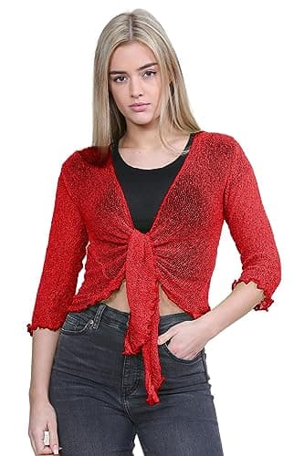 Image of Hamishkane® Women’s Shrugs, Double Fine Knit Bolero Cardigans for Women, 3/4 Sleeve Tie Front Top, Stretchy Cropped Cardigan, Ladies Evening Tops, Lightweight Summer Shrug Red
