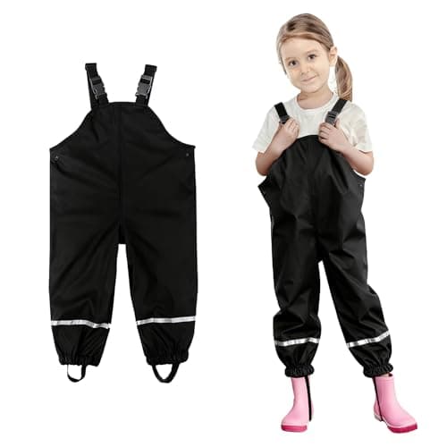 Image of Fjquamitix Kids Waterproof Rain Trousers Boys Girls Mud Dirty Proof Pants with Reflective Strip for Rain Pants Children Windproof for Age 3-10 Years (UK, Age, 5 Years, 6 Years, Regular, Black)