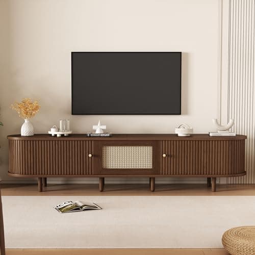 Image of BTM TV Stand with 1 Rattan Drawer and 2 Sliding Doors,Oval TV Cabinet Storage Sideboard with Rounded Corners for livingroom, 180*40*40cm,Oak color,MDF, weight capacity 30kg, suitable for 70inch TV