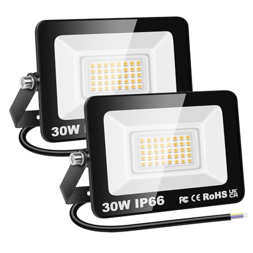 Image of RIGIDON 2 Pcs Outdoor Flood LED Work Light, 30W 3000 Lumens Floodlight, Daylight Warm White Security Lights for Garden Yard Lawn Basketball Football Court Patio Landscape, IP66 Waterproof 3000K