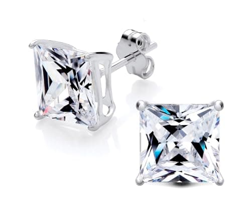 Image of 925 Sterling Silver Cubic Zirconia Cz Crystal 8mm Princess Cut Square Solitaire Stud Earrings Pair Mens Ladies Girls