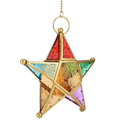Image of Star Lantern Hanging Ornaments, Moroco Iron Style Coloured Glasses Lantern Garden Outdoor Terrace Ornament Candle Holder(Golden)