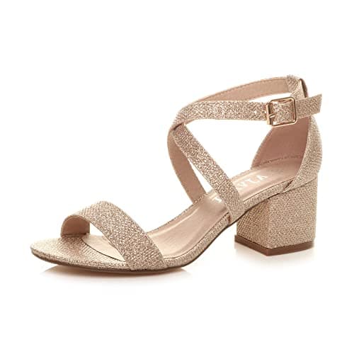 Image of Ajvani Womens Ladies mid Low Block Heel Cross Straps Party Strappy Sandals, Rose Gold Shimmer, 5 UK