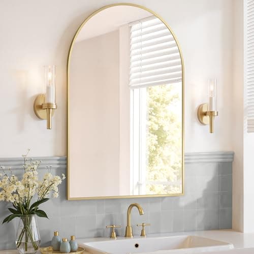 Image of SONGMICS Bathroom Mirror, Wall Mounted Vanity Mirror, Arched, Aluminium Frame, 91 x 61 cm, with Safety Film, Easy Installation, for Living Room, Bedroom, Bathroom, Pale Gold LWM011AB01