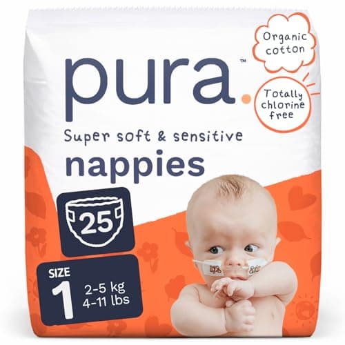 Image of Pura Newborn Baby Nappies Size 1, 25 Count, 2-5kg/4-11lbs, Cloud Soft Premium Nappies for Hypoallergenic & Sensitive Skin, Toxin-Free*,Wetness Indicator, Up to 12 Hours Leak Protection