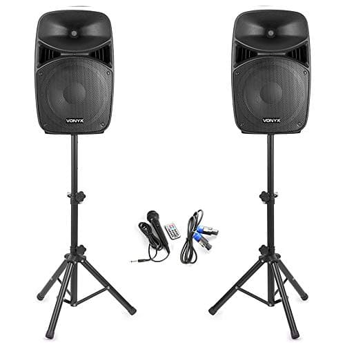 Image of Vonyx VPS122A 12" Bluetooth Active Party Speaker System with LED Lights, Active/Passive Speaker Pair with Speaker Stands & Microphone - Ideal for Home Audio, Parties, DJ Events & Karaoke Nights