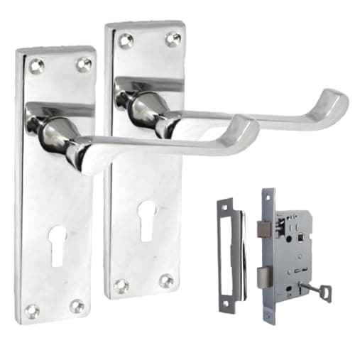 Image of Haven Heritage Victorian Scroll Lever Lock Door Handle Set – 150mm x 42mm Backplate, Polished Chrome – with 63mm 3 Lever Sash Lock