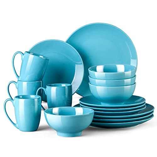 Image of LOVECASA Sweet Porcelain Dinner Service, 16-Piece Crockery Set, Colourful, Dinner Set for 4 People, Dinner Plates, Cups, Dessert Plates and Bowls, VCP-GDS8, Light Blue