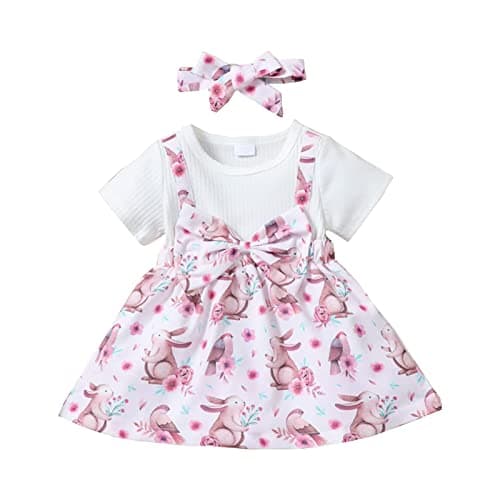 Image of Verve Jelly Toddler Baby Girls Easter Short Sleeve Bunny Dress with Bowknot Summer Casual Party Dress Pink 9-12 Months