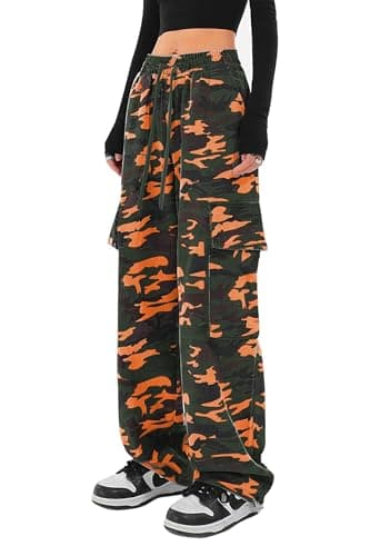 Image of SESERAGI Cargo Pants Women Baggy Streetwear Y2K Drawstring Trousers Wide Leg Pants, D-camo Orange, XXL