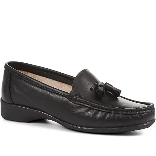 Image of Pavers Womens Wide Fit Leather Tassel Loafers in Black - Comfortable Slip-On Shoes - Smart Work & Casual Everyday Shoes with Low Heel - UK Size 7