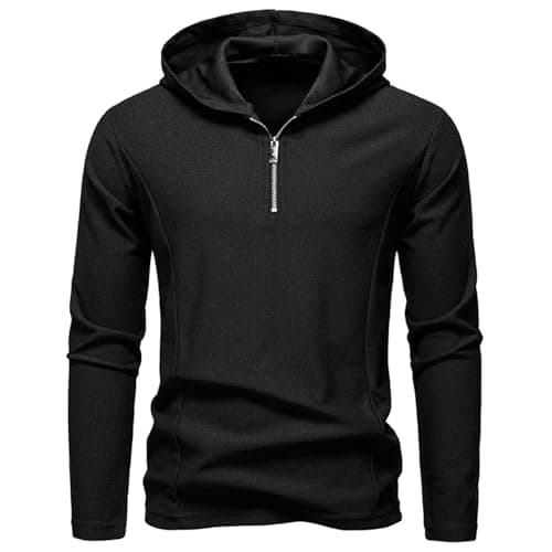 Image of MakingDa Quarter Zip Hoodie Men Waffle Long Sleeve Summer Light Thin Plain Casual Running Sports Half Zip Hooded Jumper Tops for Golf Gym Fishing-Black-M