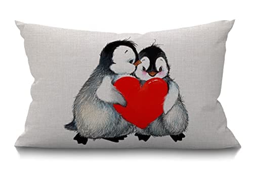 Image of BGBDEIA Penguin Cushion Cover 12x20 Inch Valentine's Day Love Cute Animal Penguins Holding Red Heart Rectangle Pillow Cases Home Decorative Cotton Linen Throw Pillow Cover for Bed Sofa 30 x 50 cm