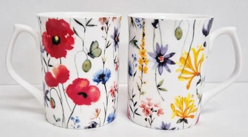 Image of Rainbow Decors Wildflowers Meadow Mugs Set of 2 fine Bone China 275 ml Topaz Light Colourful Floral Cups Hand Decorated in The UK