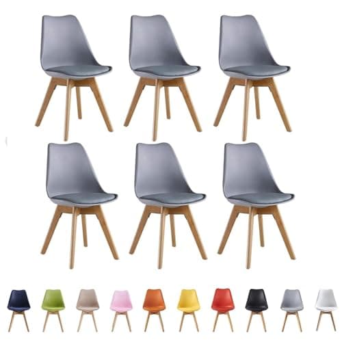 Image of Single Set of 2/4/6 Retro Modern Dining Chairs – Lorenzo Plastic Chairs with Cushioned Pad Seat & Solid Beech Wooden Legs - Side Chair for Living Room Kitchen Office Lounge (Grey, Pack of 6)