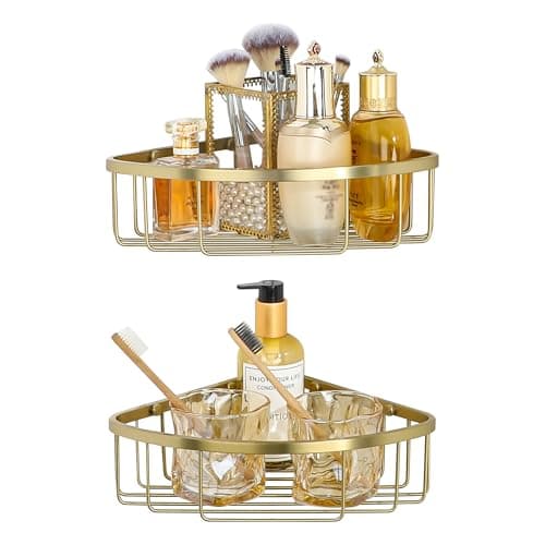 Image of SAYAYO 2 Pack Corner Shower Caddy Shower Basket Organiser SUS304 Stainless Steel Corner Shelf Storage Wall Mounted for Bathroom Kitchen, Gold & Glaze Finish, 185mm*275mm