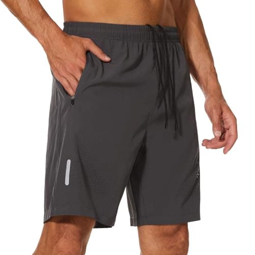 Image of YUTYTH Mens Gym Running Shorts Breathable Quick Dry 7" Gym Athletic Shorts with Zipper Pockets and Reflective Strip Grey