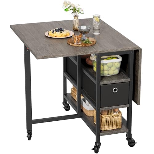 Image of YITAHOME Folding Dining Table, Mobile Drop Leaf Table with 6 Wheels & Storage Drawers for Small Spaces, Kitchen, Dining Room, Grey Oak and Black