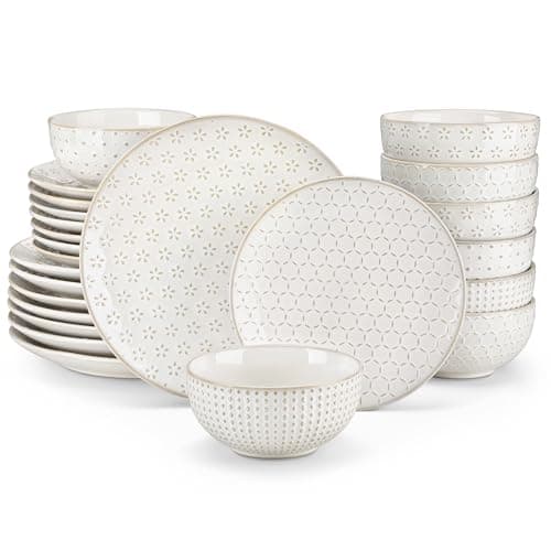 Image of MALACASA 24 Piece Dinnerware Set, Embossed Ceramic Dish Sets Service for 8, Plates and Bowls Set, Durable Stoneware Tableware for Family Dinners, Dishwasher & Microwave Safe
