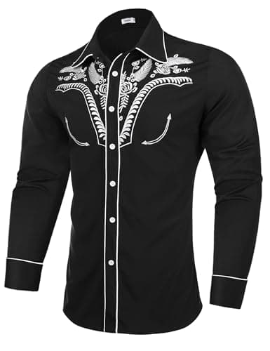 Image of Sykooria Men's Shirts Long Sleeve Casual Vintage Floral Embroidery Button Down Western Shirts Regular Fit