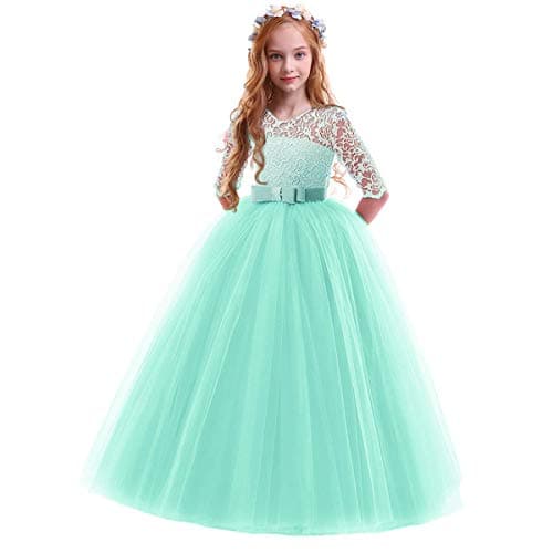 Image of IWEMEK Flower Girls 3/4 Sleeve Floral Lace Tulle First Communion Pageant Dresses Kids Big Girls Princess Birthday Christmas Bridesmaid Wedding Party Prom Ball Gown 20 Mint Green 9-10 Years