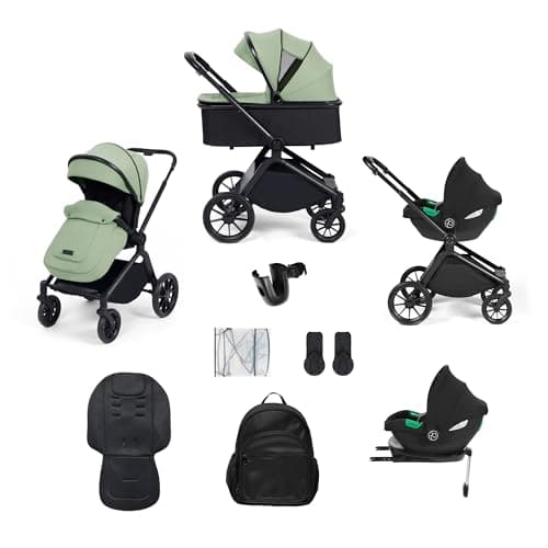 Image of Ickle Bubba Altima 3-in-1 Travel System - All-Terrain Pram with Carrycot, Cirrus i-Size Car Seat & ISOFIX Base, Compact Pushchair with Changing Bag, Footmuff & Rain Cover - Birth to 22kg (Sage Green)