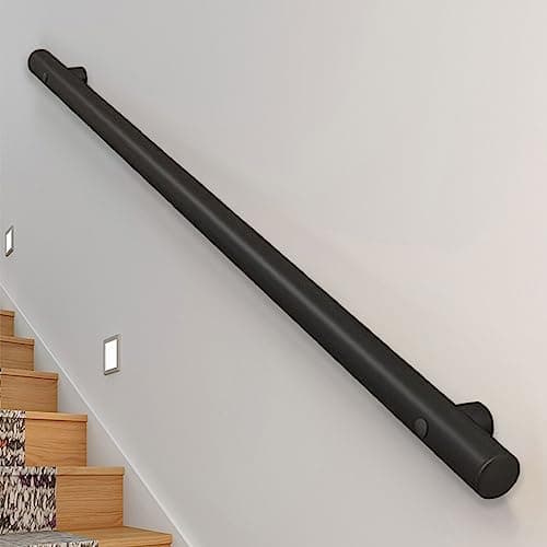 Image of Drsyffsup Modern Staircase Banister Hand Rails - 3m/3.5m/4m/4.5m - Matte Black, Wall Mount Metal Stainless Steel Stairs Handrail for Indoor Outdoor Steps - Complete Kit (Size : 4ft/120cm)