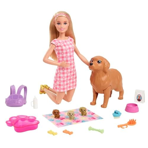 Image of Barbie Doll and Pets Playset, Blonde Doll with Mommy Dog and 3 Puppies, Colour Changing Features Pet Accessories, Toys for Ages 3 and Up, One Doll with Dogs, HCK75