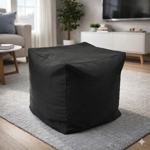 Image of Artistic Fashionista Limited Waterproof Bean Bag Footstool Cube 40x40x40cm – Indoor Outdoor Garden Pouffe Ottoman Seat, Durable Weather-Resistant Fabric, Lightweight Foot Rest Stool (Black)