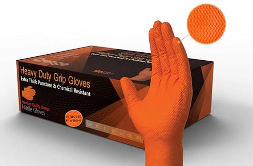 Image of firmsafeT XXL Super Heavy Duty Orange Disposable Diamond Grip Nitrile Gloves for Mechanical, Industrial, Cleaning and janitorial work - Powder Free, Latex Free - 50 Gloves – 2XL
