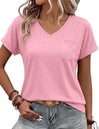 Image of Leversic Womens Tops V Neck Casual T-Shirt Short Sleeve Plain Color Summer Tunic Tops Basic Tee(Pink,M)
